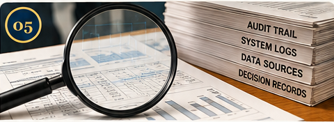 Audit trail and system records examined with a magnifying glass