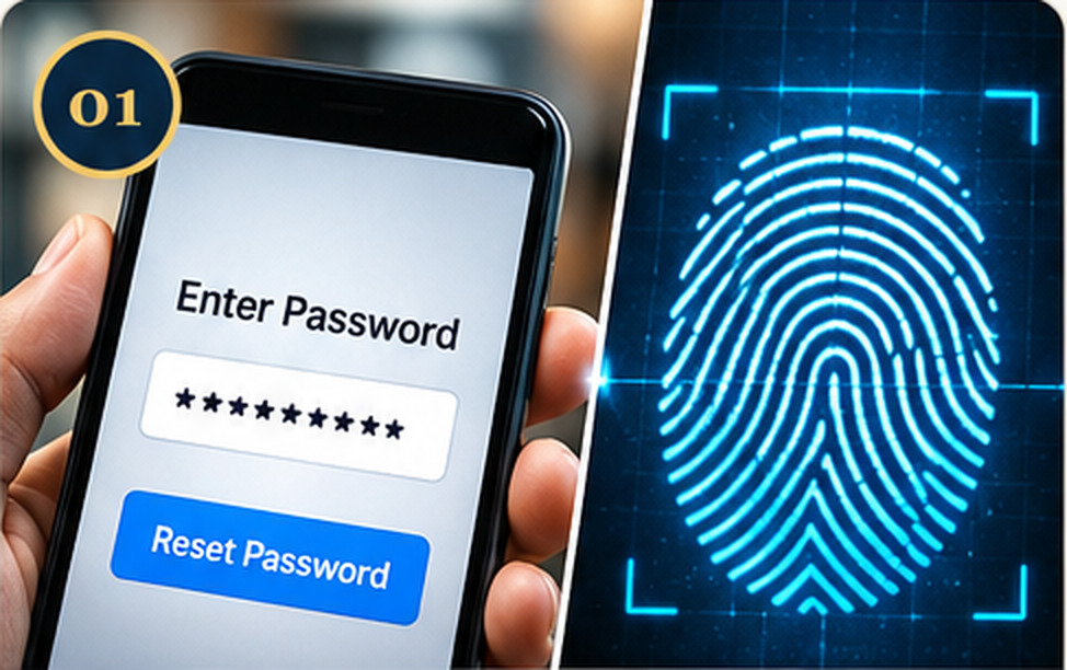 Password reset screen beside a fingerprint graphic