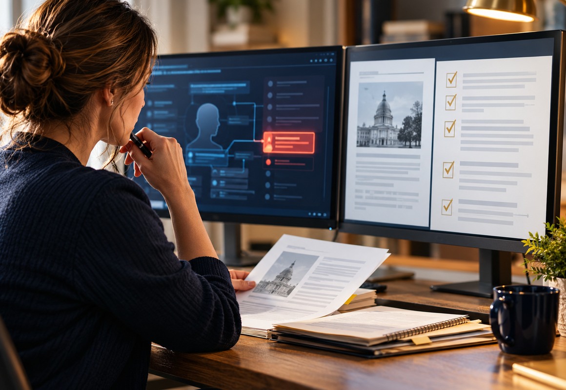 Reviewer independently checking a high-consequence technology result against separate records