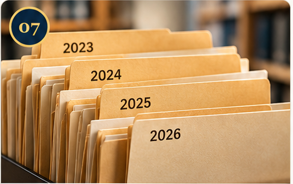 Physical file folders labeled 2023, 2024, 2025, and 2026