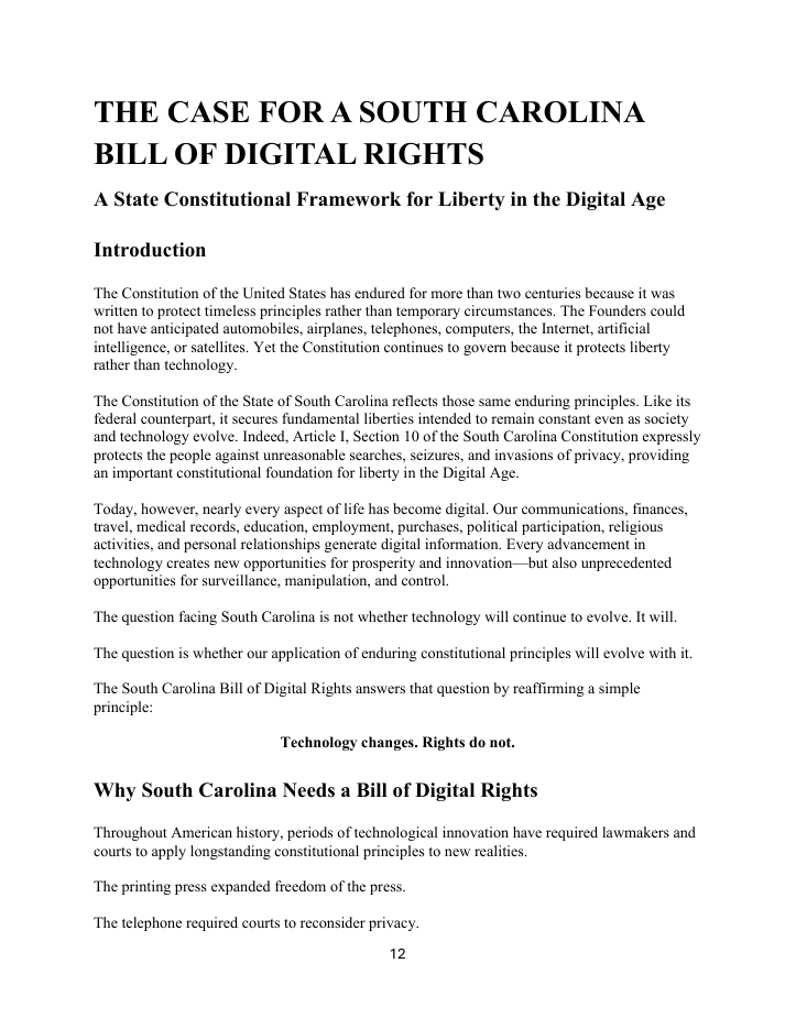 First page of The Case for a South Carolina Bill of Digital Rights