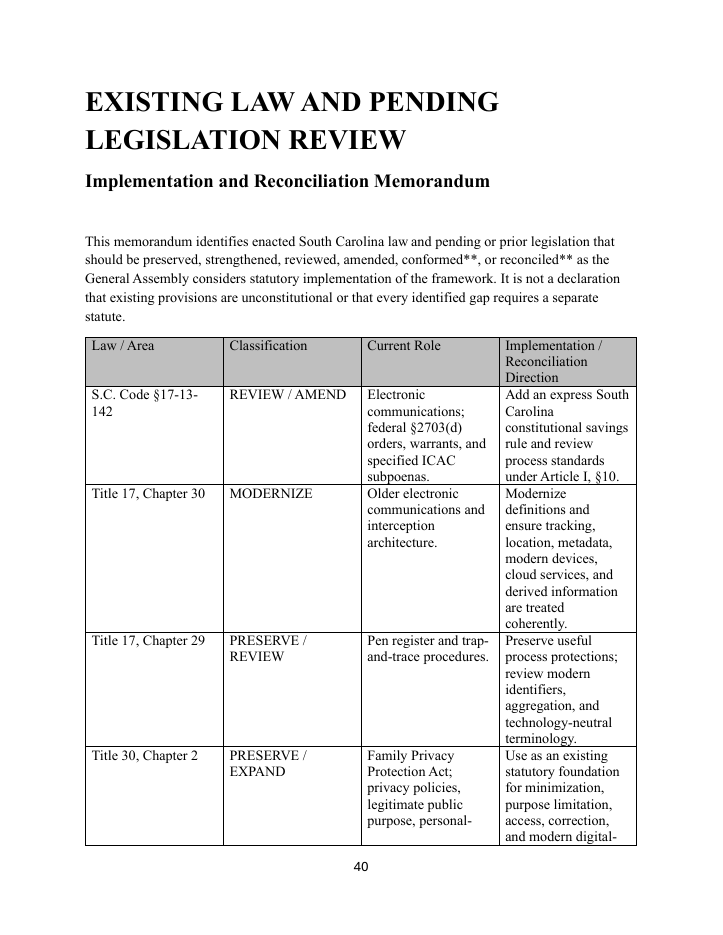 First page of Existing Law & Pending Legislation Review