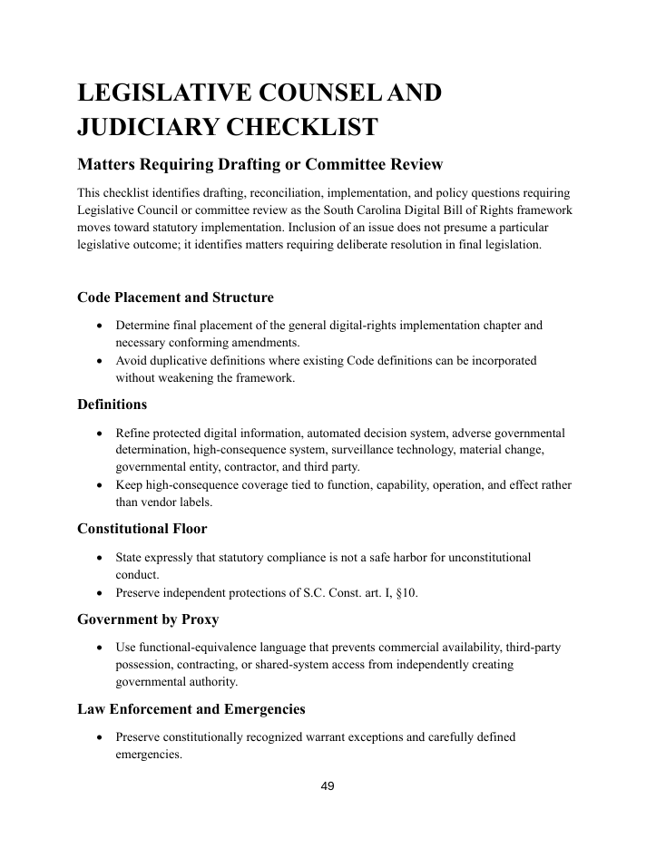 First page of Legislative Counsel & Judiciary Checklist