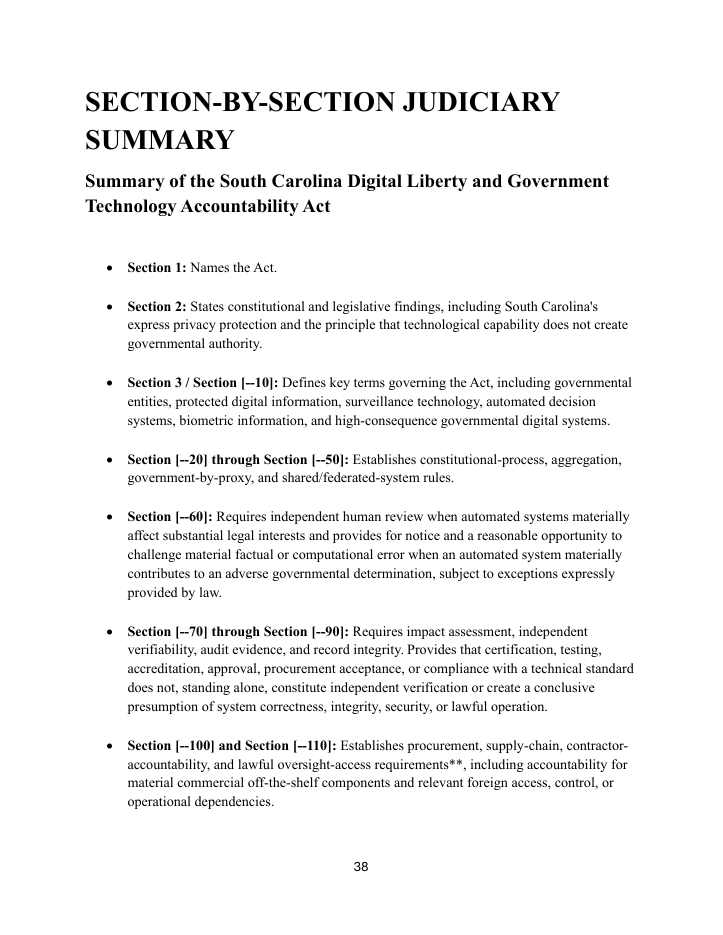First page of Section-by-Section Judiciary Summary
