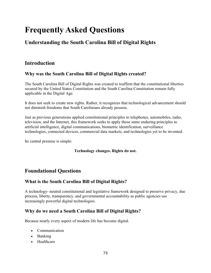 First page of South Carolina Digital Bill of Rights — Frequently Asked Questions