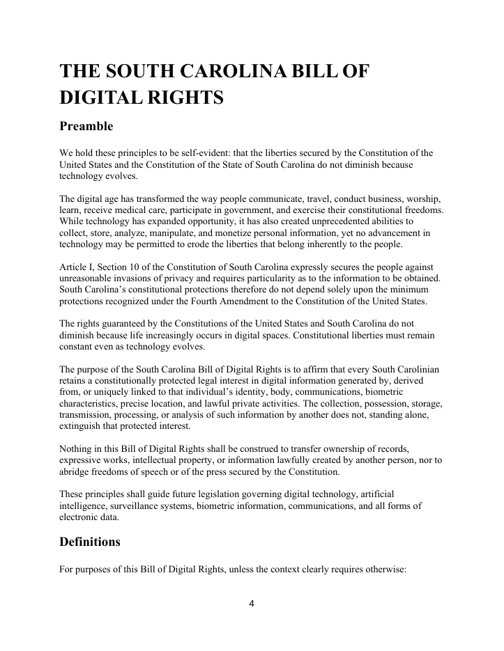 First page of South Carolina Digital Bill of Rights