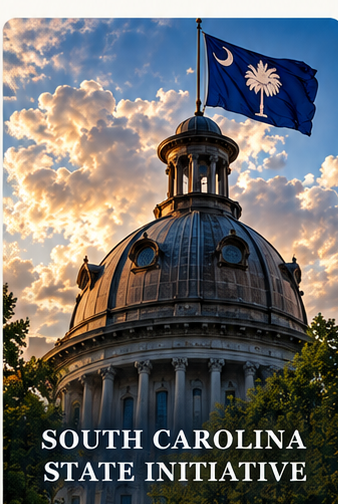 Illustrative rendering of a South Carolina State House dome beneath the United States and South Carolina flags